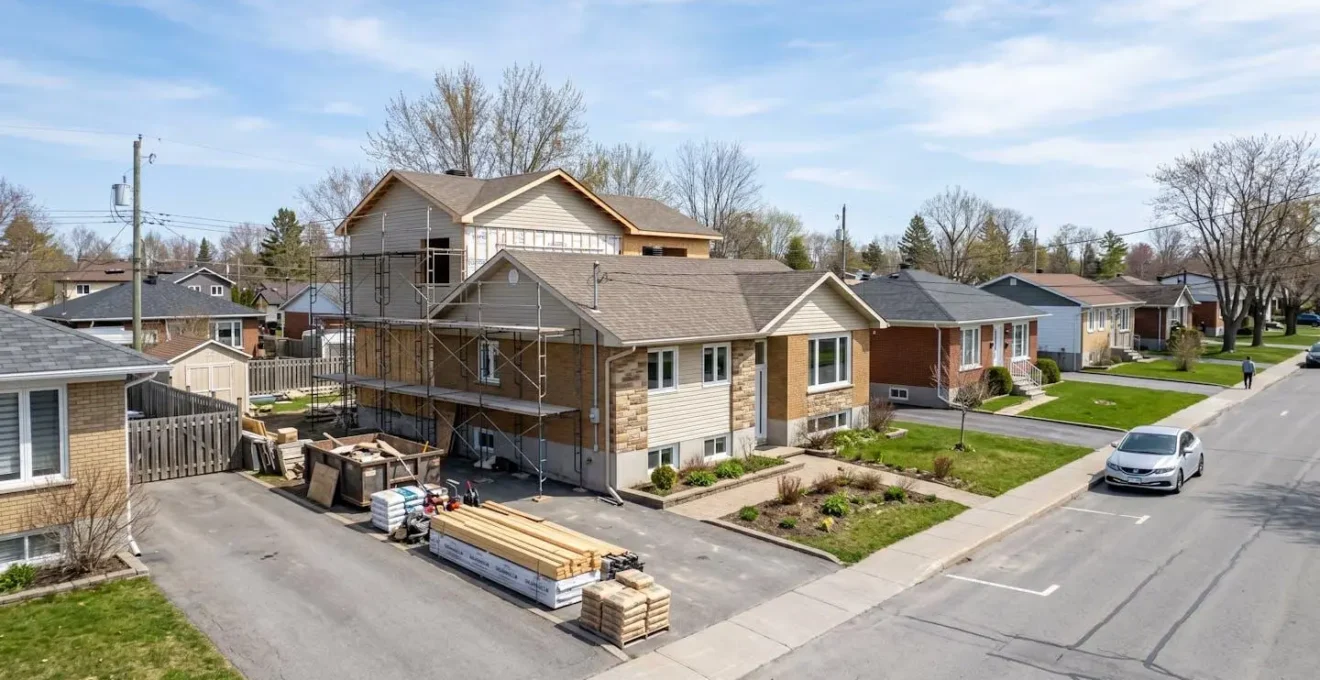 Bungalow résidentiel québécois en cours d'agrandissement avec échafaudage visible et matériaux de construction empilés dans l'allée