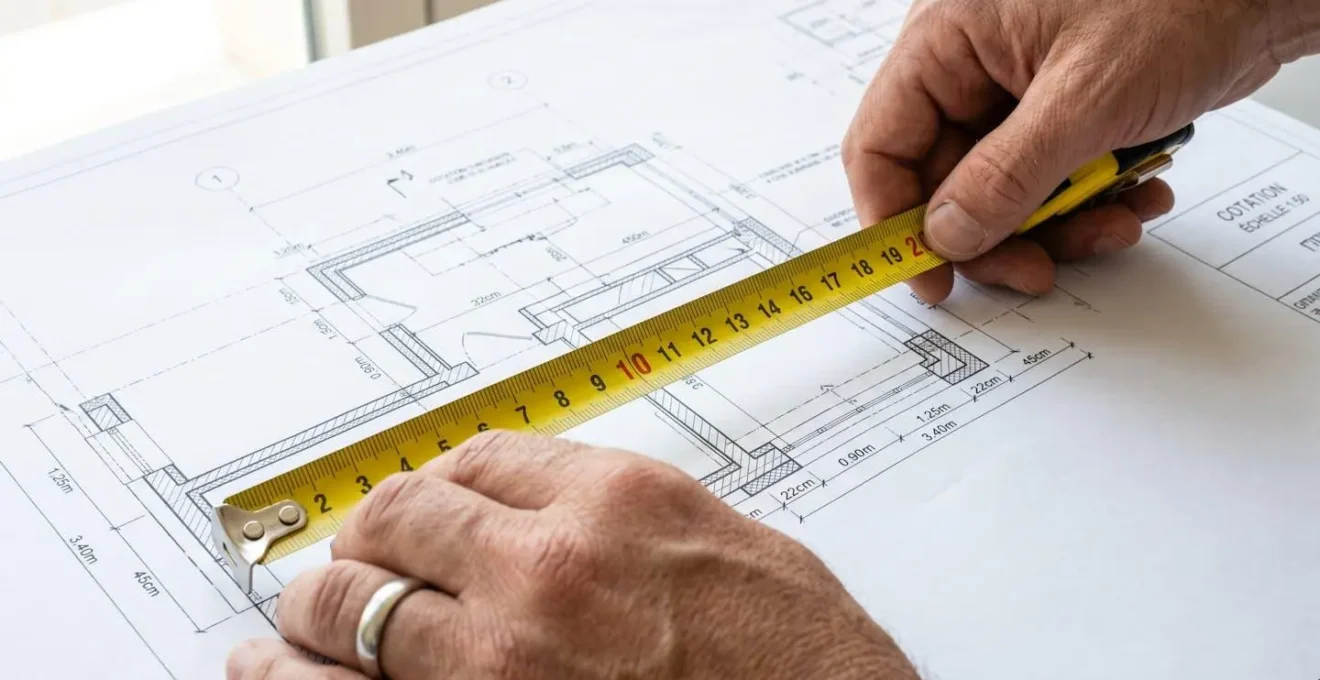 Gros plan sur des mains tenant un ruban à mesurer professionnel posé sur un plan architectural avec graduations métriques nettes au premier plan
