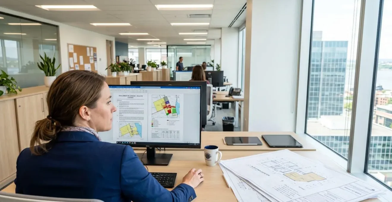 Professionnel en chemise concentré consultant des documents de zonage sur un écran d'ordinateur avec des plans architecturaux partiellement visibles sur le bureau