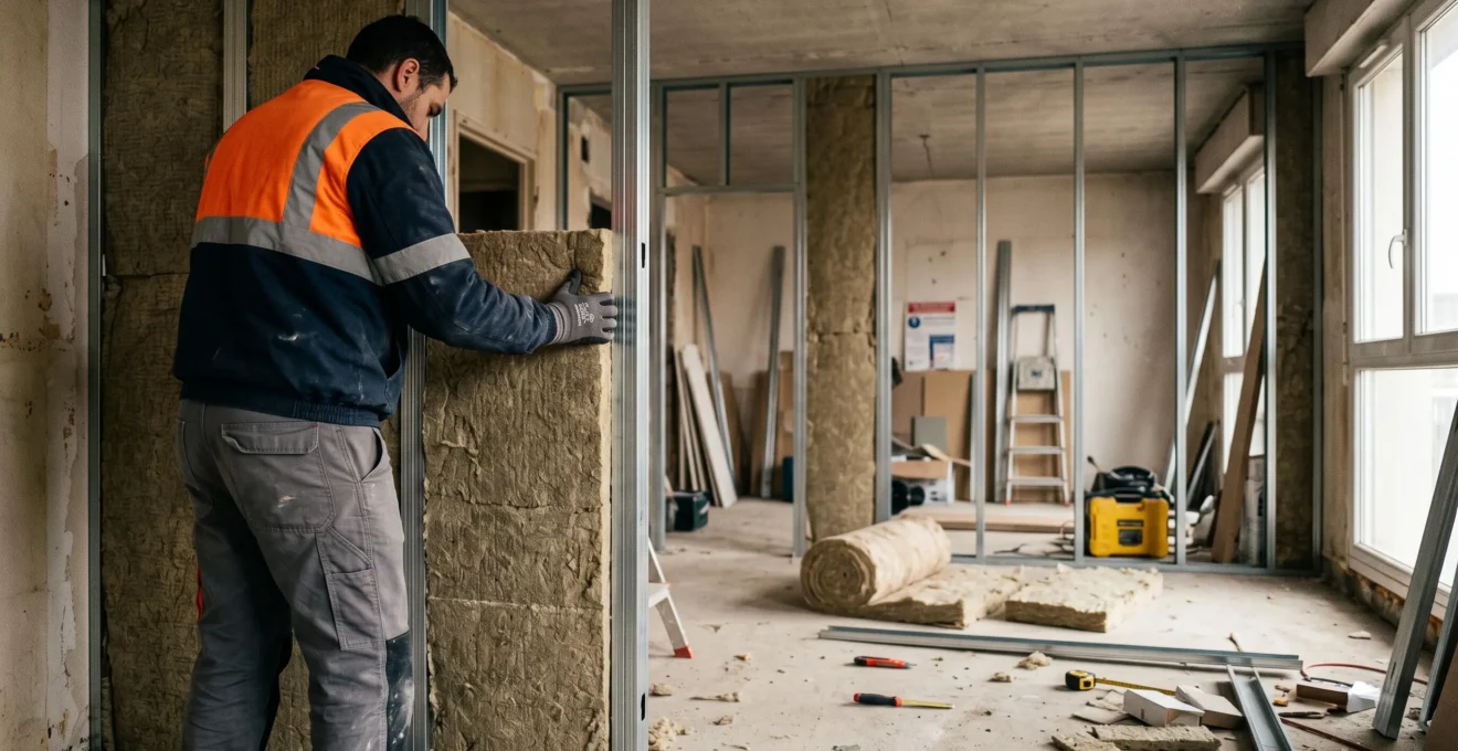 Artisan installant des panneaux d'isolation thermique en laine minérale sur ossature métallique dans un logement en rénovation en Île-de-France