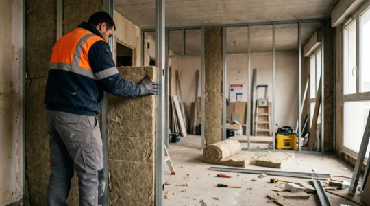 Artisan installant des panneaux d'isolation thermique en laine minérale sur ossature métallique dans un logement en rénovation en Île-de-France