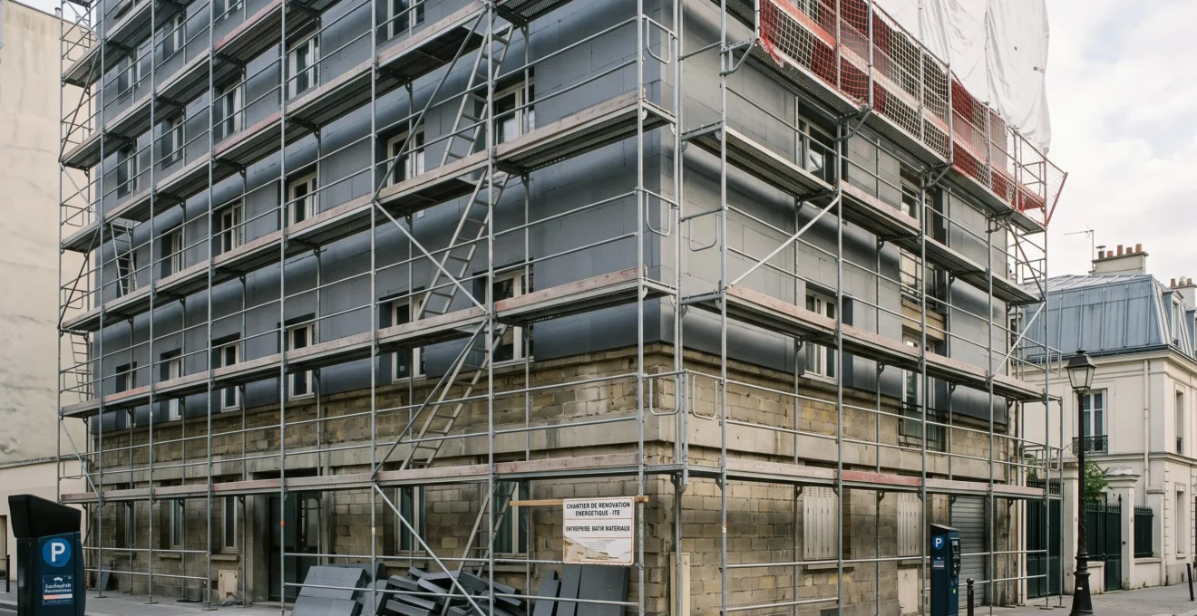 Immeuble parisien en cours d'isolation thermique par l'extérieur avec échafaudage et panneaux isolants gris installés sur la partie supérieure de la façade