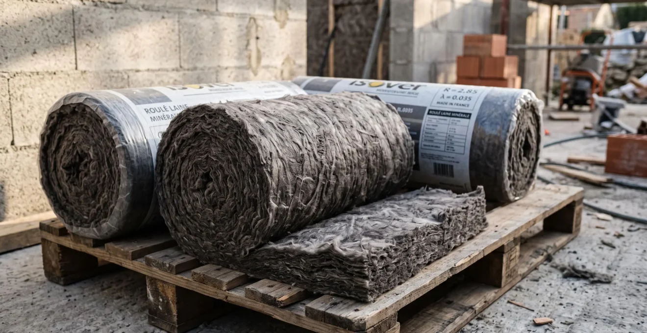 Rouleaux de laine de verre graphitée haute performance sur palette de chantier, matériau isolant pour travaux de rénovation thermique